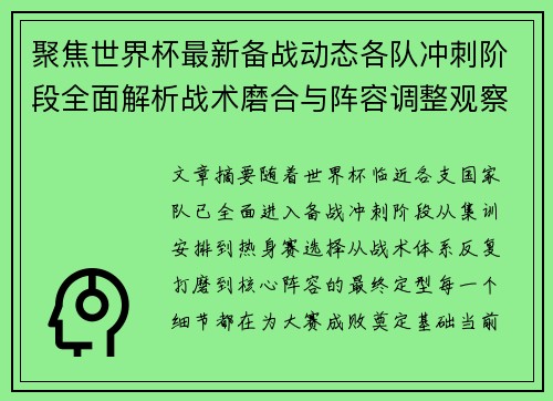 聚焦世界杯最新备战动态各队冲刺阶段全面解析战术磨合与阵容调整观察