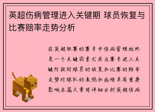 英超伤病管理进入关键期 球员恢复与比赛赔率走势分析